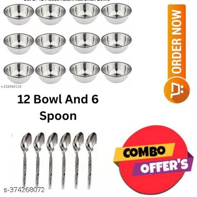 Stainless Steel 12 Pcs Bowls with 6 Pcs Spoon (Silver, Set of 2)