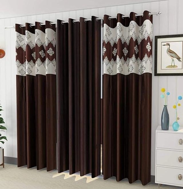 Polyester Room Darkening Printed Door Curtains (Brown, 7 Feet) (Set of 3)