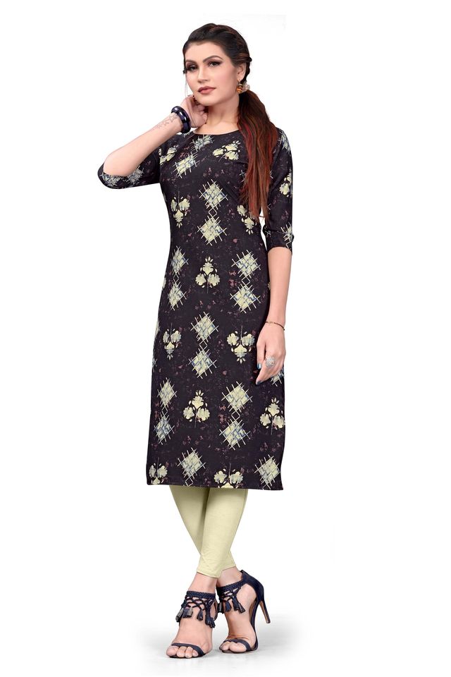 Womens Printed Poly Crepe Straight Kurta (Multicolour, S) (DSK-376)