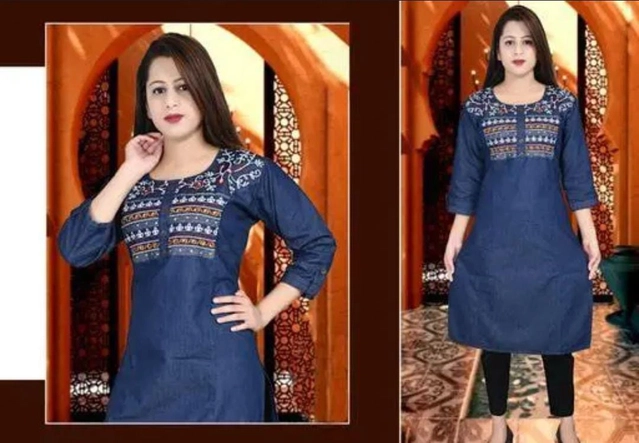 Cotton Printed Kurti for Women (Blue, M)