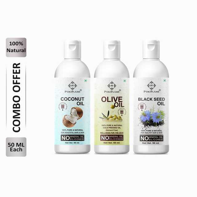 Puriflame Pure Coconut Oil (50 ml), Olive Oil (50 ml) & Black Seed Oil (50 ml) Combo for Rapid Hair Growth (Pack Of 3) (B-10332)