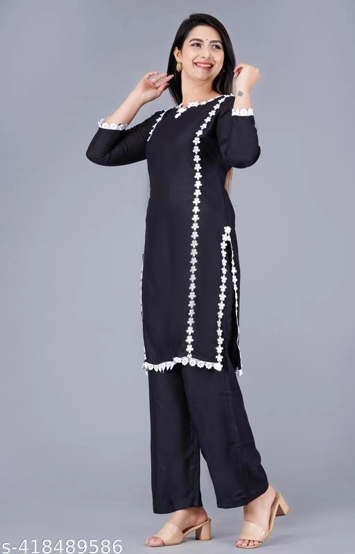 Rayon Solid Kurti with Palazzo for Women (Black, S)