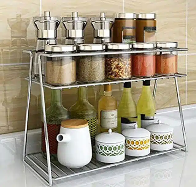 Spice Container Rack with Cup Holder for Kitchen (2 Pcs) (Silver)