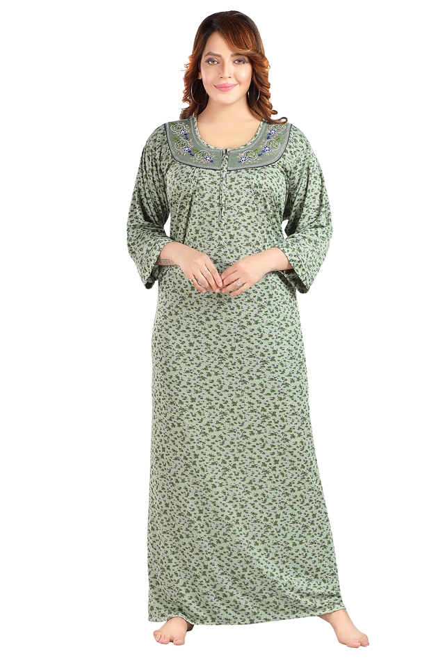 Hosiery Printed Nightdress for Women (Green, M)