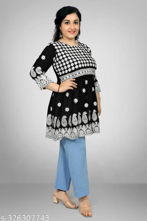 Georgette Chikankari Top for Women (Black, XL)