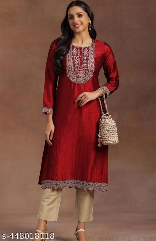 Silk Blend Embroidered Kurti for Women (Maroon, XS)