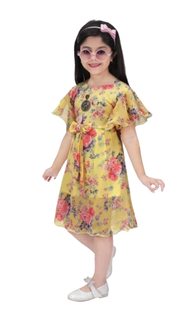 Georgette Printed Frock for Girls (Yellow & Pink, 3-4 Years)