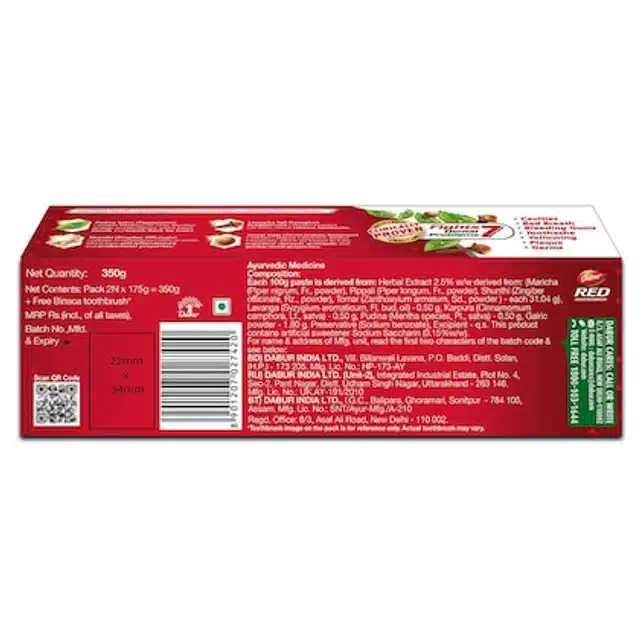 Dabur Red Toothpaste 2X175 g +  Free Toothbrush Inside