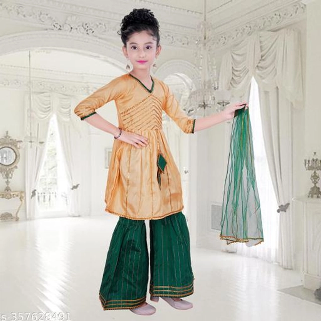 Poly Silk Kurta Sets for Girls (Beige & Green, 2-3 Years)