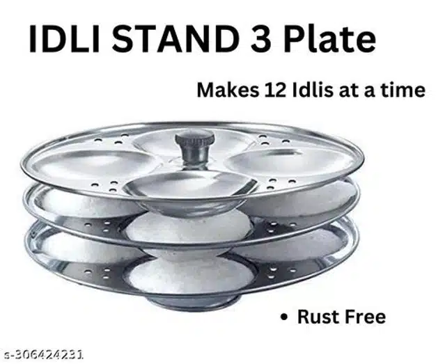 Stainless Steel 3 Plate Idli Maker with Tadka Pan (Silver, Set of 2)