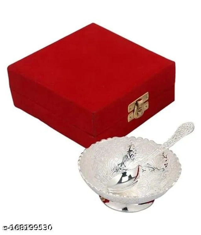 Diwali Pooja Bowl with Spoon for Bhog (Silver, Set of 1)