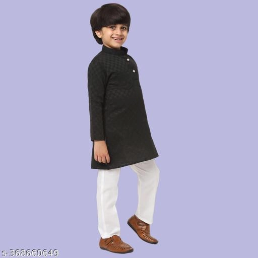 Cotton Blend Kurta with Pyjama for Boys (Black & White, 4-5 Years)