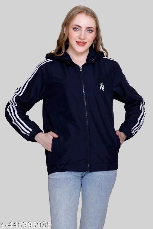 Nylon Solid Jackets for Women (Navy Blue, M)