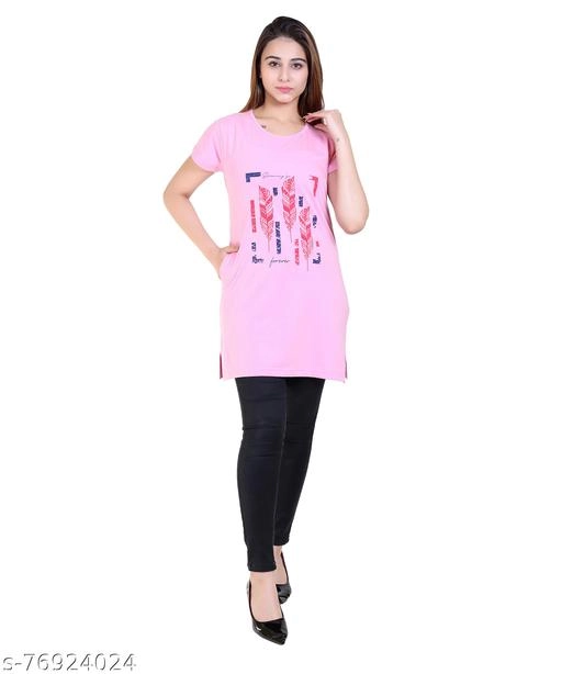 Round Neck Printed Long T-Shirt for Women (Pink, M)