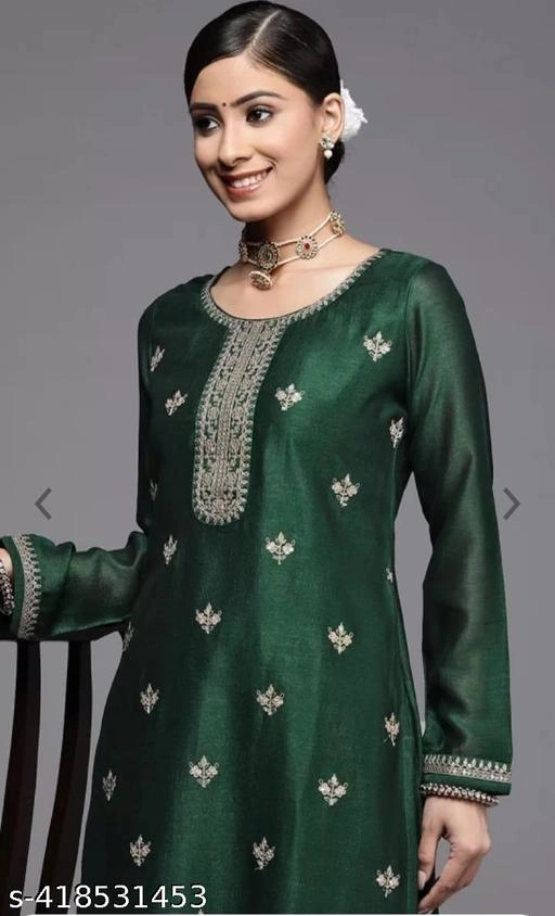 Silk Blend Embroidered Kurti for Women (Green, XS)