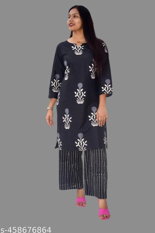 Rayon Printed Kurti with Palazzo for Women (Multicolor, M)