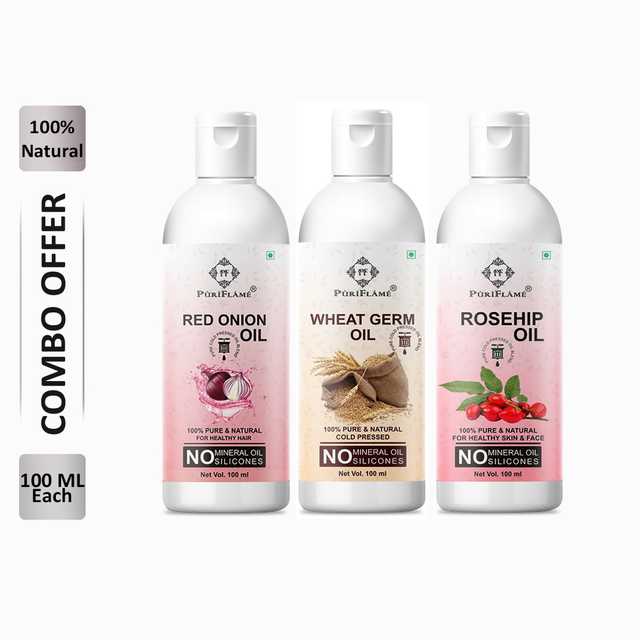 PuriFlame Pure Red Onion Oil (100 ml) & Wheat Germ Oil (100 ml) & Rosehip Oil (100 ml) Combo For Rapid Hair Growth (Pack Of 3) (B-7053)