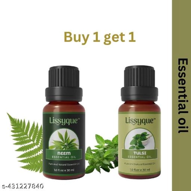  Lissyque 100% Pure & Natural Neem Essenatial Oil 30ml & Tulsi Essentail Oil 30ml For Hair Re-Growth, Hair Loss, Pimple care, Acne and Scars Removal, Natural Bath, Aromatherapy essential Oil Combo 30ml ( Pack of 2)