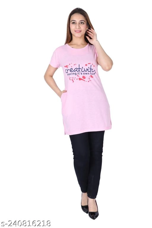 Round Neck Printed Long T-Shirt for Women (Lavender, M)