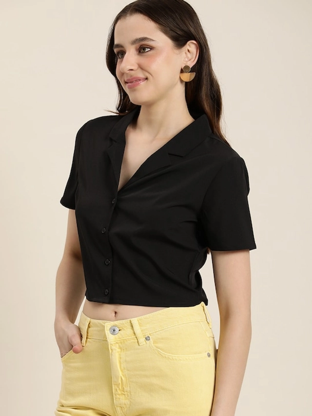 Half Sleeves Solid Crop Shirt for Women (Black, S)