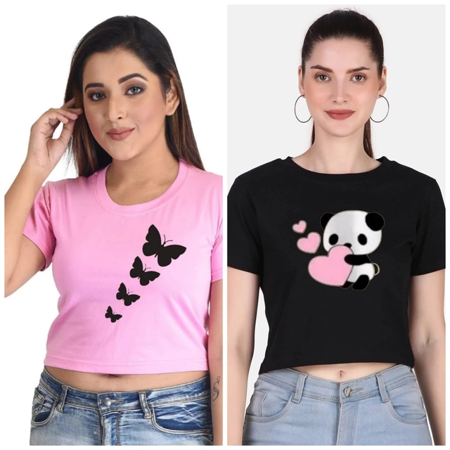 Round Neck Printed Crop T-Shirts for Women & Girls (Pink & Black, S) (Pack of 2)