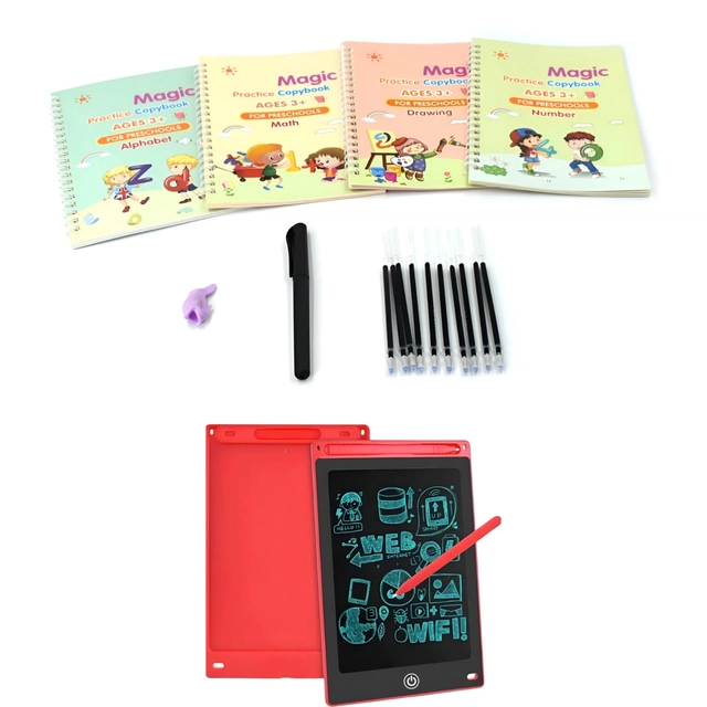 Combo of 4 Pcs Practice Books, 10 Pcs Refills, Pen, Grip & Digital LCD Writing Pad (Multicolor, Set of 5)