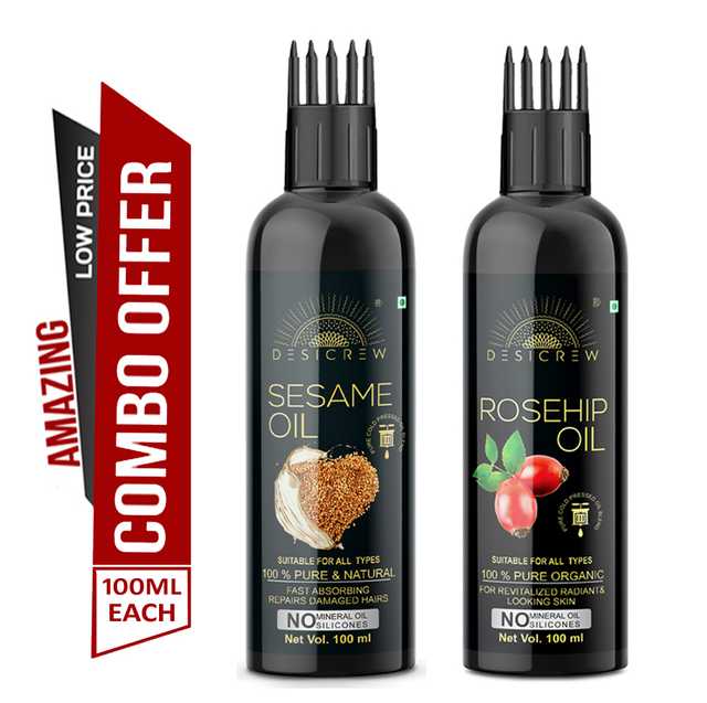 Desi Crew Pure Sesame Oil & Rosehip Oil For Skin, Body & Hair Care (Pack Of 2, 100 ml) (KGE-301)