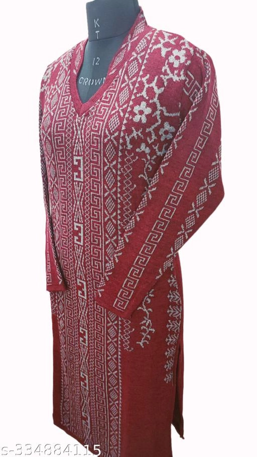 Woolen Printed Kurti for Women (Maroon, Free Size)