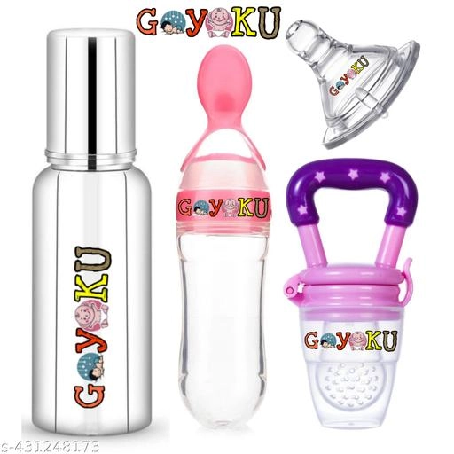 Milk Bottle (450 ml), Feeding Bottle (90 ml), Fruit Nibbler & Nipple (Multicolor, Set of 4)