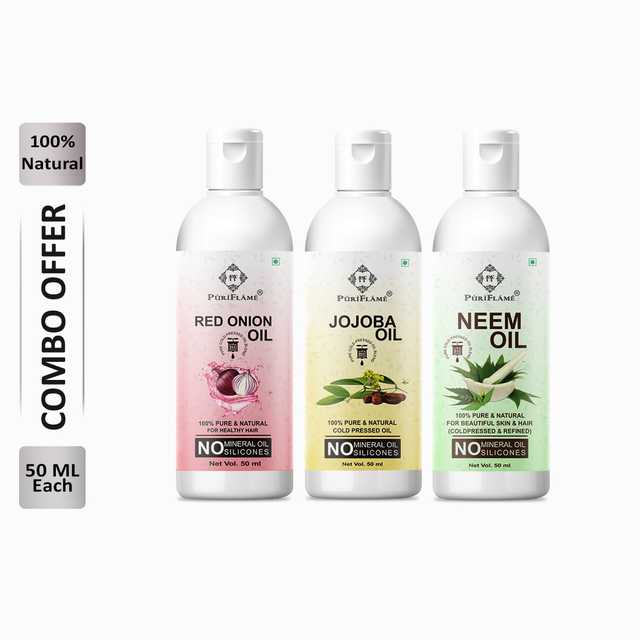 Puriflame Pure Red Onion Oil (50 ml), Jojoba Oil (50 ml) & Neem Oil (50 ml) Combo for Rapid Hair Growth (Pack Of 3) (B-13059)