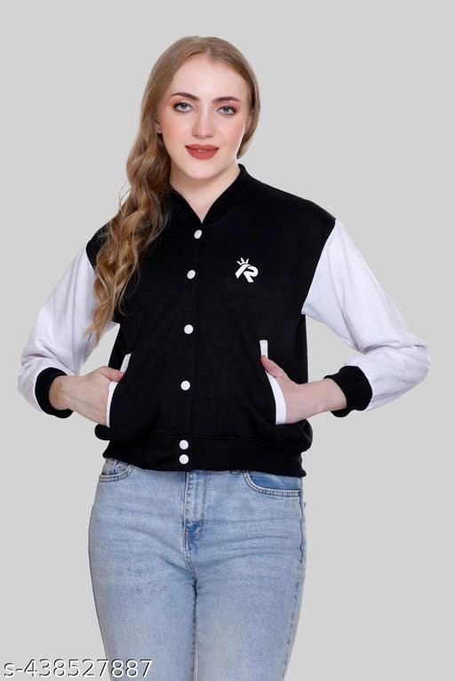 Fleece Solid Jackets for Women (Black & White, S)