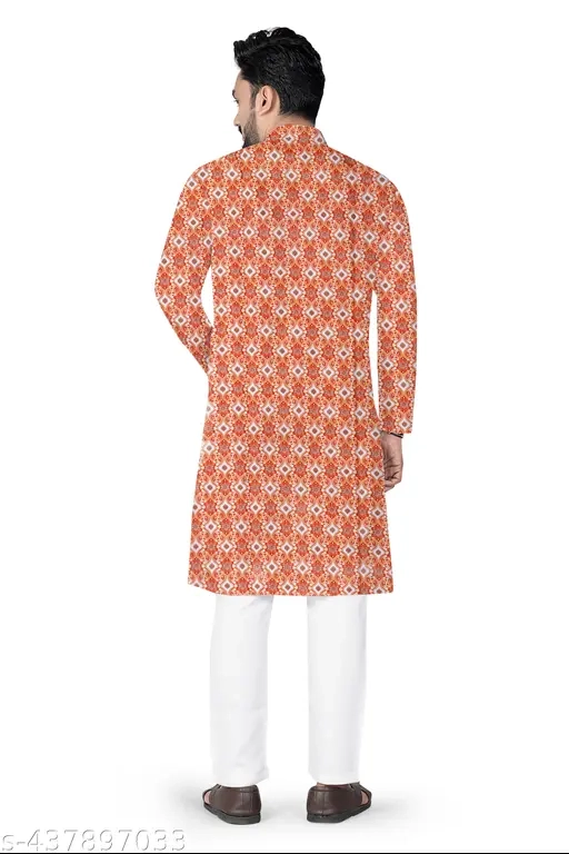 Cotton Ethnic Motif Kurta for Men (Peach, S)