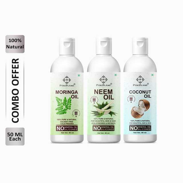 Puriflame Pure Moringa Oil (50 ml), Neem Oil (50 ml) & Coconut Oil (50 ml) Combo for Rapid Hair Growth (Pack Of 3) (B-11847)