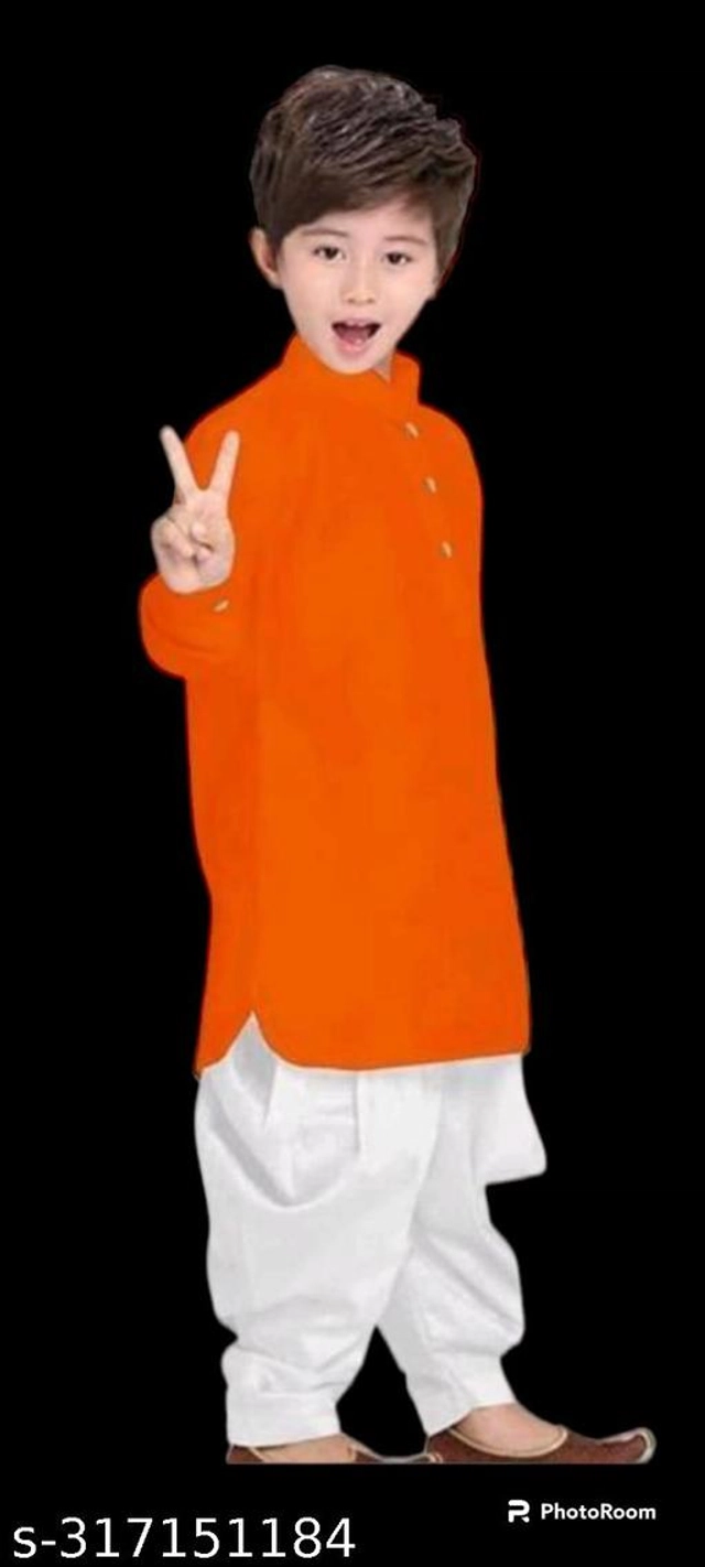 Cotton Blend Solid Kurta with Pyjama for Boys (Orange & White, 2-3 Years)