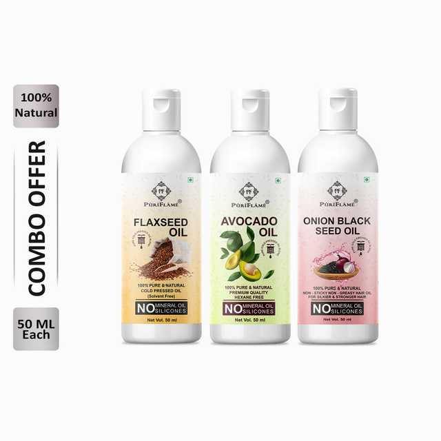 Puriflame Pure Flaxseed Oil (50 ml), Avocado Oil (50 ml) & Onion Black Seed Oil ( 50 ml) Combo for Rapid Hair Growth (Pack Of 3) (B-10476)