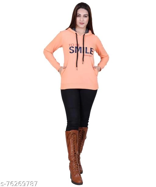 Cotton Blend Printed Hoodie for Women (Peach, M)