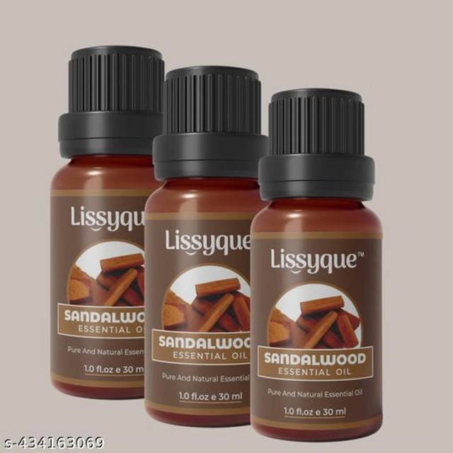  Lissyque Sandlewood Essential Oil For Face, Hair Growth, Skin Whitening & Lightening, Nails, Home Cleaning, Soap Making, Lips, Diffuser & Aromatherapy. 100% Natural, Undiluted, Pure & Therapeutic Grade Essential Oil, 30 ml (pack of 3)