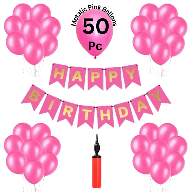 Happy Birthday Banner with 50 Pcs Balloons & Air Pump (Multicolor, Set of 1)