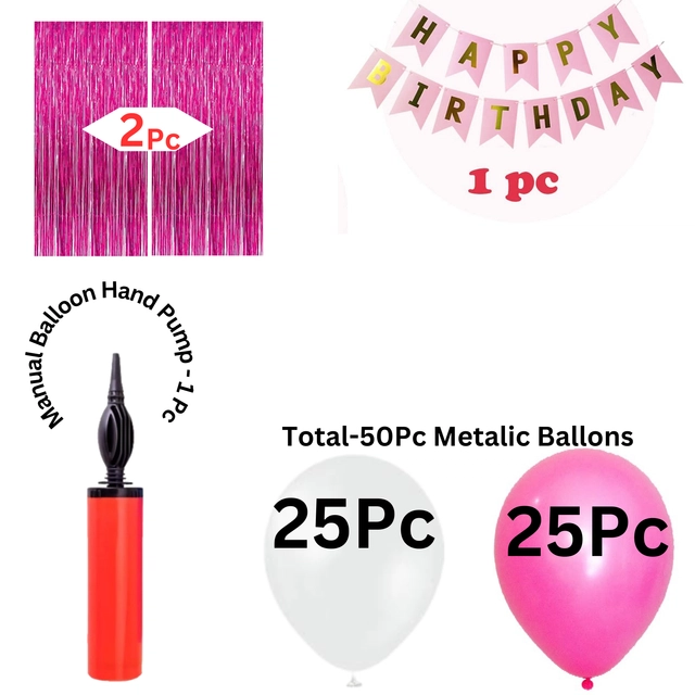 Birthday Decoration Foil Curtains with Banner & 50 Pcs Balloons with Manual Hand Pump (Multicolor, Set of 1)