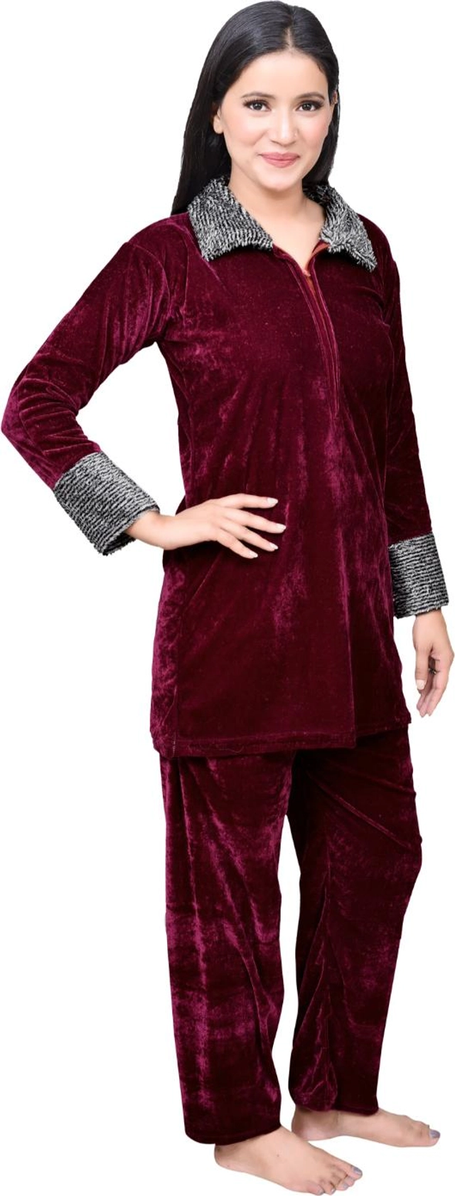 Velvet Solid Nightsuit for Women (Wine, M)