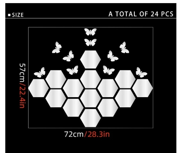 3D Silver Hexagon Decorative Acrylic Mirror Wall Stickers (Pack of 14) with 10 Butterfly Stickers