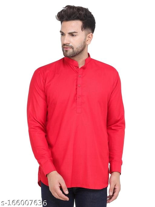 Cotton Blend Solid Short Kurta for Men (Red, S)