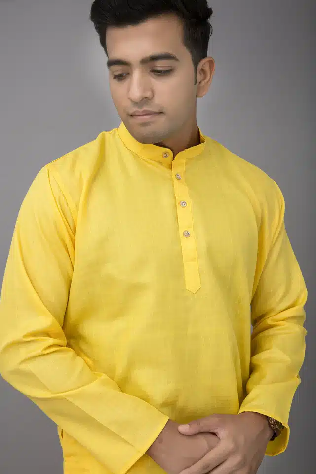 Long Kurta with Pajama Set for Men (Yellow, XL)