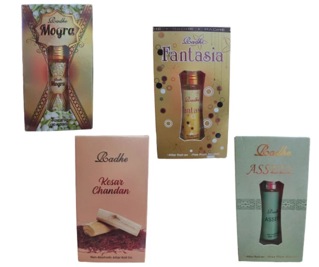 Combo of Radhe Mogra with Kesar Chandan, Fantasia & Asseel Non Alcoholic Rool On Attars (6 ml, Pack of 4)