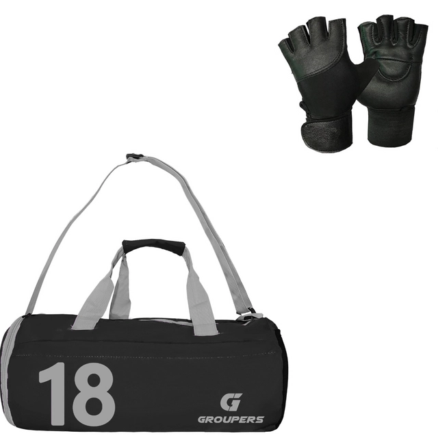 Polyester Printed Gym Bag with Gloves for Men & Women (Black, Set of 1)