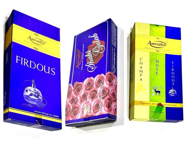 Amrutha 3 in 1 Champa with FIRDOUS & SHAHI GULAB Dhoop Sticks (90 g, Set of 3)