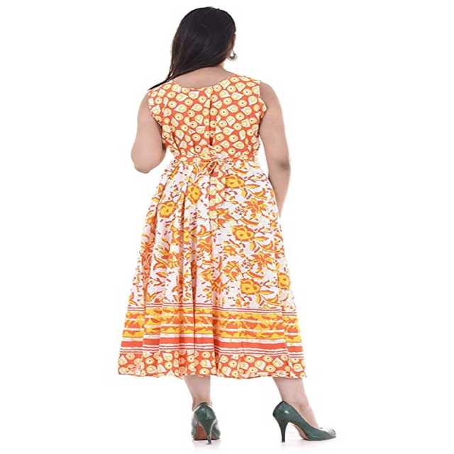 Aaryahi Casual Cotton Printed Midi Dress For Women (Orange , 47) (AG-14)