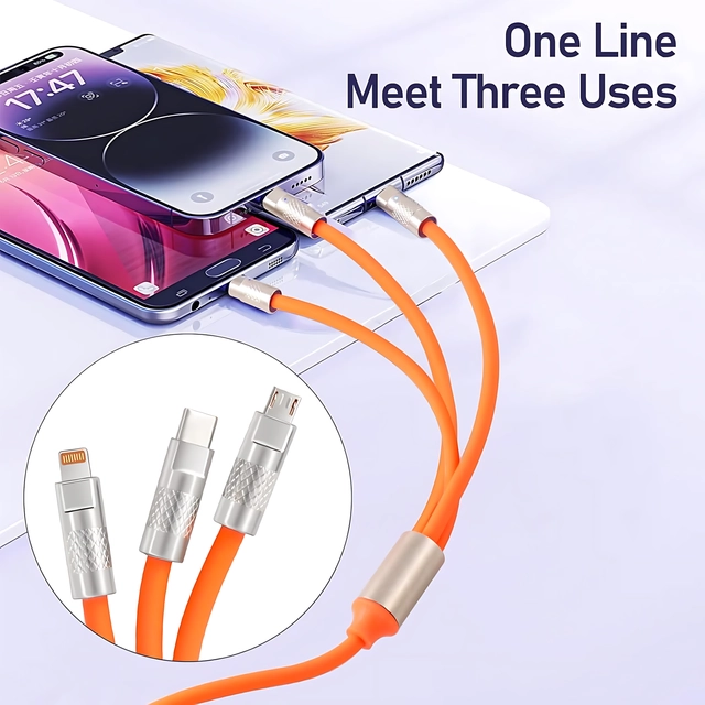 HypeTeck 3 in 1 USB Charging Cable (Orange, 120 w)