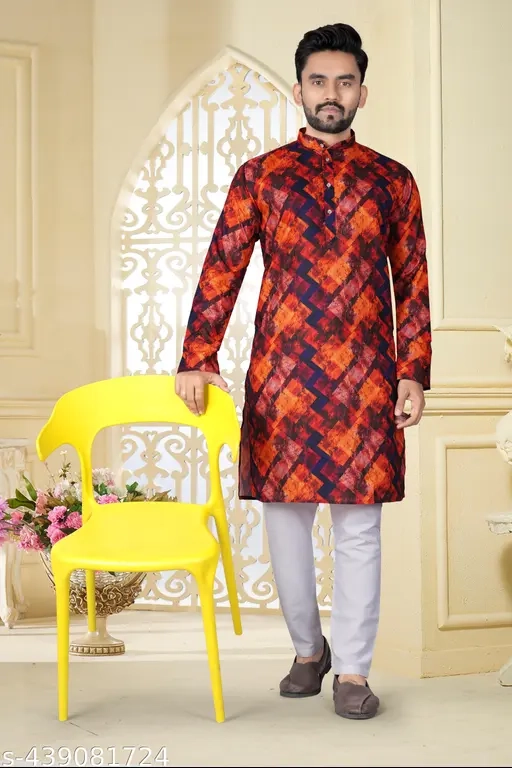 Cotton Ethnic Motif Kurta for Men (Multicolor, S)