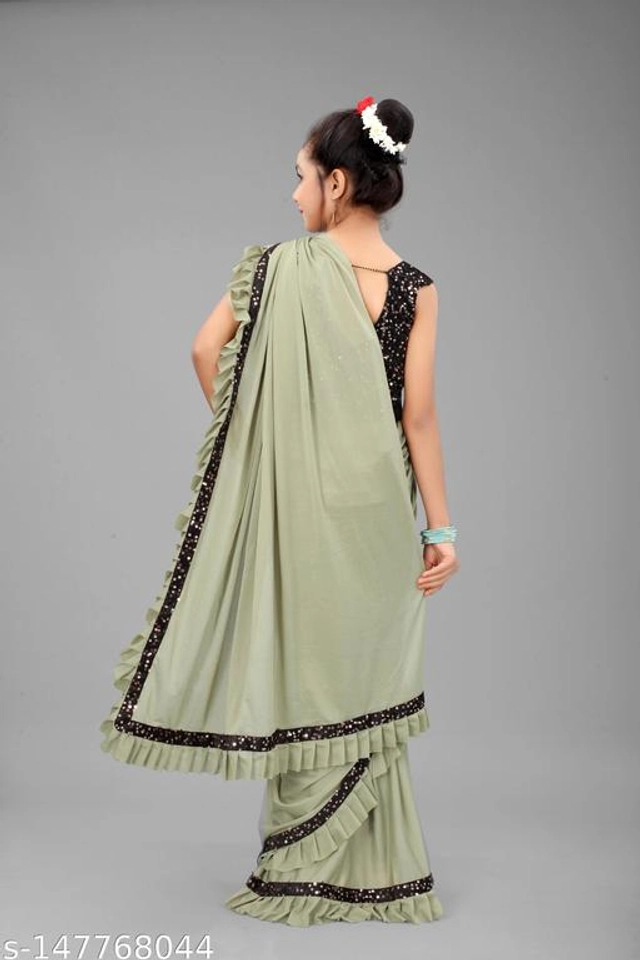 Solid Fancy Saree for Girls with Blouse (Mint Green, 3-4 Years)